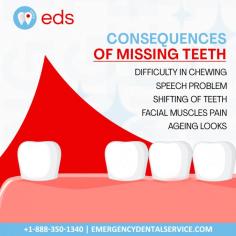 Consequences of Missing Teeth | Emergency Dental Service
Missing teeth can have serious consequences, including difficulty chewing, speech problems, shifting teeth, facial muscle pain, and premature aging looks. Don't suffer! Our Emergency Dental Service is here to help. Restore your smile today! Schedule an appointment at 1-888-350-1340.