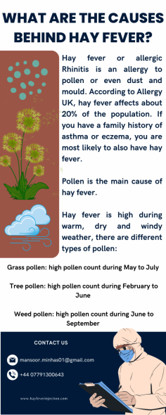 What are the causes behind the hay fever?
Hay fever, also referred to as seasonal allergic rhinitis or seasonal allergies, is an allergic response caused by pollen. The allergy occurs when a person’s immune system reacts to pollen(allergens) and releases chemicals into the bloodstream to defend against those allergens. Seasonal allergic rhinitis is common during the summer and spring months.
Know more: https://www.hayfeverinjection.com/
