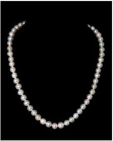 The striking Maude pearl necklace is 16 inches. Made with 7-8 mm graduated, white potato shape cultured, fresh water pearls.