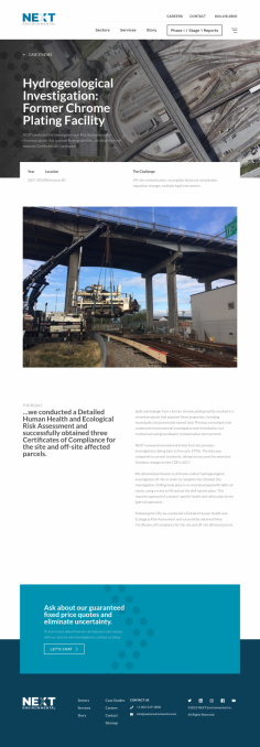 Hydrogeological investigation case study

See our skills on display as we conducted an Investigation and human and ecological Risk Assessment of a chromium plume for three properties Call 604 419 3800

https://nextenvironmental.com/case_studies/hydrogeological-investigation-former-chrome-plating-facility/