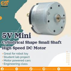 This small, cylindrical shaped motor is 5V and is designed for a wide range of applications. It's high speed allows for quick response time and is great for a variety of uses. It's compact size makes it great for robotics and it's sturdy construction makes it perfect for use in industrial settings. The company is called Rotor Engineering, and the product is called a Rotor Engineering Miniature DC Motor. This is a miniature motor that can fit on a large range of devices such as robots, drones, or any other application where a small motor is needed. The product has an internal motor controller with five pins that can be soldered to the device to be powered by the motor itself. This small high-speed DC motor is a perfect choice for building robotic projects and can be used in a variety of other applications.