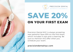 Precision Dental NYC is always accepting new patients! Save 20% on first exam, which includes X-rays and a cleaning. Be sure to mention this offer when you schedule your exam. 

Precision Dental NYC
21-34 30th Ave,
Queens, NY 11102
(718) 274-2749
Web Address https://precisiondentalnyc.com
https://precisiondentalnyc.business.site/
E-mail info@precisiondentalnyc.com

Our location on the map: https://g.page/Precision-Dental-NYC

Nearby Locations:
Astoria | Ditmars Steinway | Astoria Heights | Jackson Heights | Woodside | Sunnyside Gardens | Dutch Kills
11101, 11102, 11103, 11104, 11105, 11106 | 11372 | 11377

Working Hours :
Monday: 9AM-7PM
Tuesday: 9AM-7PM
Wednesday: Closed
Thursday: 9AM-7PM
Friday: Closed
Saturday: 9AM-4PM
Sunday: Closed

Payment: cash, check, credit cards.

