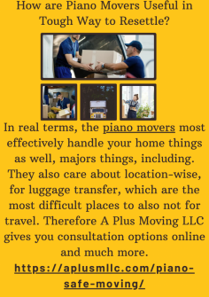 How are Piano Movers Useful in Tough Way to Resettle?
In real terms, the piano movers most effectively handle your home things as well, majors things, including. They also care about location-wise, for luggage transfer, which are the most difficult places to also not for travel. Therefore A Plus Moving LLC gives you consultation options online and much more.https://aplusmllc.com/piano-safe-moving/



