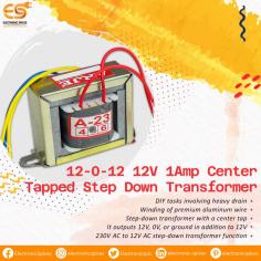 12-0-12 12V 1Amp Center-Taped Step-Down Transformer: Your reliable solution for powering your electronics with ease and efficiency Designed with simplicity and practicality in mind, this transformer offers seamless voltage conversion for your devices, ensuring smooth operation and optimal performance. This step-down transformer efficiently converts higher voltage to a stable 12 volt output, allowing you to power your devices safely and effectively. 1 amp current output, this transformer can handle a variety of devices, from small electronics to moderate power applications. Easy installation and operation are guaranteed by its user-friendly design. The clear labeling and intuitive setup make it suitable for both beginners and experienced users. The 12-0-12 12V/1Amp Center Tapped Step-Down Transformer simplifies your power supply needs, providing a reliable and efficient solution. Experience hassle-free voltage conversion and power your devices confidently with our transformer's dependable performance.
Features:-
•	Winding of premium aluminum wire
•	It outputs 12V, 0V, or ground in addition to 12V.
•	230V AC to 12V AC step-down transformer function
•	Step-down transformer with a center tap
•	DIY tasks involving heavy drain
