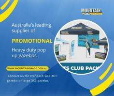 Leading supplier of outdoor promotional heavy-duty pop-up custom gazebos, custom printed gazebos, gazebo tents, and party tents." Mountain Shade has been distributing gazebos Australia wide for over 12 years. During this time, we have developed a range of pop up gazebos and portable gazebo tent that fit every budget and application.

https://mountainshade.com.au/gazebo-custom-print/
