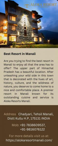 Best Resort in Manali
Are you trying to find the best resort in Manali to enjoy all that the area has to offer? The upper part of Himachal Pradesh has a beautiful location. After unleashing your wild side in this town that is decorated with the hues of art, history, culture, and the wildness of nature, you deserve to come home to a nice and comfortable place. A premier resort in Manali known for its outstanding cuisine and service is Aloka Resorts Manali.
For more details visit us at: https://alokaresortmanali.com/