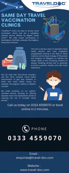 We can help with last-minute travellers and the more ‘complex’ travel health requirements of gap year students or those with other health issues, for example, the pregnant, elderly or diabetic traveller.
We pride ourselves on our patient-centered service, focusing on offering bespoke travel risk assessments aimed at reducing the risk of ill-health whilst abroad.
Know more: https://www.travel-doc.com/

