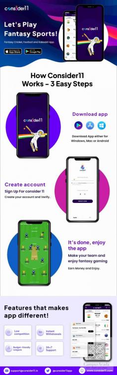 Consider11 is the best platform for fantasy sports offering Fantasy cricket, fantasy football, and fantasy kabaddi. Download the Consider11 app and win cash prizes.
Visit - https://www.consider11.com/
