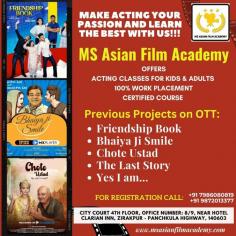 The best acting and filmmaking classes are offered by MSAFA @7986080819 (MS Asian Film Academy) to aspiring actors, editors, writers, and filmmakers in India (Zirakpur). The top academy in India (Zirakpur) for acting, editing, direction, writing, and cinematography. Acting and other courses are offered by MSAFA online or in-person with a focus on the complete development of the students. A professional certificate program in acting, filmmaking, and screenwriting is provided by MSAFA. One of the top acting programs in Chandigarh, it frequently hosts some of Bollywood's most accomplished and accomplished actors who share their knowledge with the pupils.
Website - (https://msasianfilmacademy.com/)