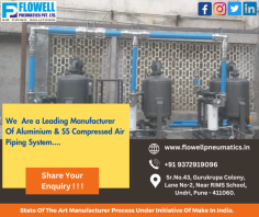 Flowell Pneumatics Pvt Ltd is a Compressed Air Piping Manufacturer based in Pune. We design, supply and install modular aluminium compressed air piping systems.