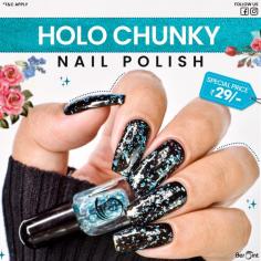 Add a little holo to your nail polish with this beromt holo chunky glitter top coat. Wear over any nail polish color to make a brand-new rainbow effect for your nails.