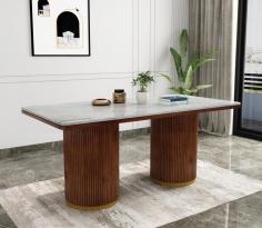 Buy Saumik Marble Top Teak Wood 6 Seater Dining Table (Teak Finish) Online at Wooden Street