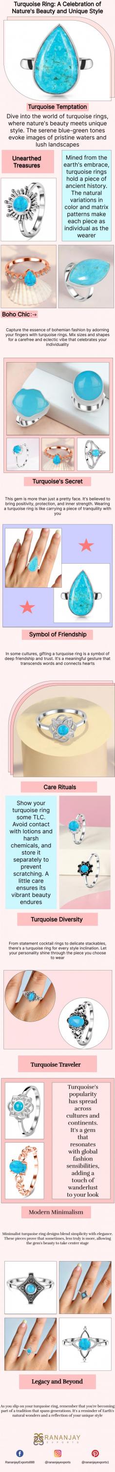 Care Rituals: Show your turquoise ring some TLC. Avoid contact with lotions and harsh chemicals, and store it separately to prevent scratching. A little care ensures its vibrant beauty endures.
Turquoise Diversity: From statement cocktail rings to delicate stackables, there's a turquoise ring for every style inclination. Let your personality shine through the piece you choose to wear