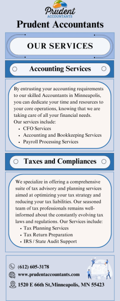Small Business Payroll Minneapolis | Prudent Accountants

Experienced accountants comprehend the critical significance of accurate and timely financial data for informed decision-making and regulatory compliance. Our firm specializes in delivering expert bookkeeping services to businesses in Minneapolis. Our range of bookkeeping services encompasses various responsibilities that aid companies in comprehending their financial well-being. Call us at (612) 605-3178 for further details about Small Business Payroll in Minneapolis.