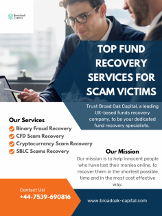 Lost your investments? Don't worry! Broadoak Capital's professional fund recovery services can help you get your money back. With years of experience and a proven track record, we are dedicated to assisting individuals in recovering their funds from scams or fraudulent activities. Contact us today for a free consultation and let us guide you towards financial justice. Take action now and get back what's rightfully yours with Broadoak Capital.