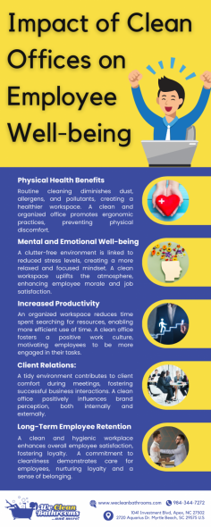 
A clean office environment, including meticulously maintained bathrooms by We Clean Bathrooms, significantly enhances employee well-being. A sanitary workplace fosters a positive atmosphere, reducing stress, and promoting overall health. Trust in our commercial bathroom cleaning services for a workspace that prioritizes cleanliness and employee satisfaction. 

For more visit our website : https://www.wecleanbathrooms.com/