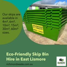 Skip bin hire is a common practice when it comes to managing waste and disposing of unwanted materials. However, in an era where environmental concerns are paramount, it's crucial to opt for eco-friendly solutions, even in waste management. Richmond Waste, serving East Lismore and the surrounding areas, offers eco-conscious skip bin hire services to ensure responsible waste disposal without harming the environment. 
https://richmondwaste.com.au/skips/