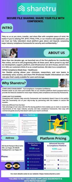 Sharetru - Secure File Sharing 

About us:

"Rely on Sharetru us as you store, transfer, and share files with complete peace of mind. No matter if you’re utilizing FTP, SFTP, FTPeS, FTPS, or our intuitive web application, you can trust our fully redundant cloud platform goes above and beyond, surpassing major industry compliance frameworks for security and confidentiality.

Tailored to meet your unique compliance requirements and data protection needs. Our platform is fully compliant for CMMC, ITAR, DFARS, NIST, HIPAA, SOC 2 Type II, GDPR, GLBA / SOX / PCI, FIPS 142 approved, and FedRAMP moderate approved."

More than two decades ago, we launched one of the first platforms for transferring files online, and we’re still progressing after all these years. We’re proud to say that our development, support, platform, and infrastructure are all in-house, and all in the U.S. Still, our customers think of us as a small business. We take it as a compliment.

Share your file with Confidence

Website: https://www.sharetru.com/
Location: Las Vegas