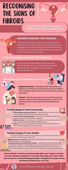 This infographic aims to provide valuable information on recognizing the signs and symptoms of fibroids, a common but often overlooked health issue that affects many women. By increasing awareness and understanding of these signs, we can encourage early detection and promote timely medical intervention for optimal outcomes.
Pelvic pain, frequent urination, heavy, painful periods, and other uncomfortable symptoms are caused by uterine fibroids. Don't disregard these indicators if you see them. Your next course of action should be to get in touch with a gynae  for appropriate testing and diagnosis.


Source: https://www.drlawweiseng.com.sg/blog/recognising-the-signs-of-fibroids/