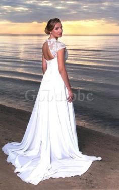 Robe de mariée facile de traîne courte avec manche courte avec chiffon a plage