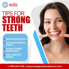 Tips For Strong Teeth | Emergency Dental Service 

To maintain strong teeth, follow these tips: Brush regularly to remove plaque, visit the dentist for check-ups, clean your tongue to reduce bacteria, and use mouthwash for added protection against oral issues. These habits ensure a bright and healthy smile. Schedule an appointment at 1-888-350-1340.

