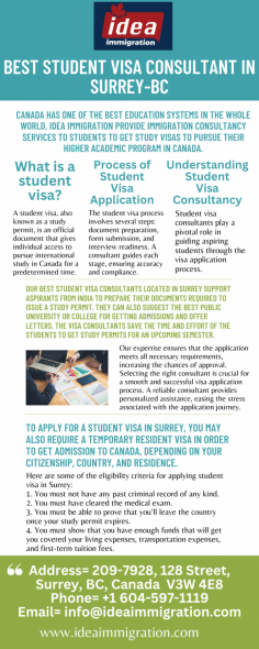 With a personalized approach, we make international education accessible, guiding you toward academic success in Surrey and beyond. Trust Idea Immigration for comprehensive student visa immigration services.
