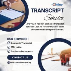 Online Transcript is a Team of Professionals who helps Students apply their Transcripts, Duplicate Marksheets, and Duplicate Degree Certificate (In case of lost or damage) directly from their Universities, Boards, or Colleges on their behalf. Online Transcript focuses on issuing Academic Transcripts and ensuring that the same gets delivered safely & quickly to the applicant or at the desired location. https://onlinetranscripts.org/