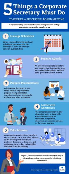 Find out what a corporate secretary has to know in order to make board meetings as productive as possible. 
With the help of Corporate Services Singapore's, corporate secretary and accounting services, businesses may guarantee the seamless operation of their board meetings and the efficient handling of essential administrative and governance duties.

Source: https://www.corporateservicessingapore.com/5-things-corporate-secretary-must-ensure-successful-board-meeting/

