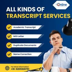 Online Transcript is a Team of Professionals who helps Students apply their Transcripts, Duplicate Marksheets, and Duplicate Degree Certificate (In case of lost or damage) directly from their Universities, Boards, or Colleges on their behalf. Online Transcript focuses on the issuance of Academic Transcripts and making sure that the same gets delivered safely & quickly to the applicant or at the desired location. https://onlinetranscripts.org/