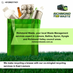 Richmond Waste is committed to making recycling easy, efficient, and environmentally friendly. With our Co-mingled Recycling service, you can be part of the solution to reduce waste and promote sustainability.

Together, we can create a greener future for our community and generations to come. Contact us today to learn more about our Co-mingled Recycling program and how you can get started on the path to a more sustainable tomorrow. Join us in making a difference—one recyclable at a time.

https://richmondwaste.com.au/commercial-waste-management/co-mingled-recycling/