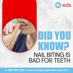 Did You Know? | Emergency Dental Service

Did you know that nail biting can harm your teeth? This common habit can result in damaged enamel, misalignment, and even jaw problems. It's not just a bad habit for your nails but also your dental health. Break the nail-biting cycle to protect your dental health. 
Schedule an appointment at 1-888-350-1340.

