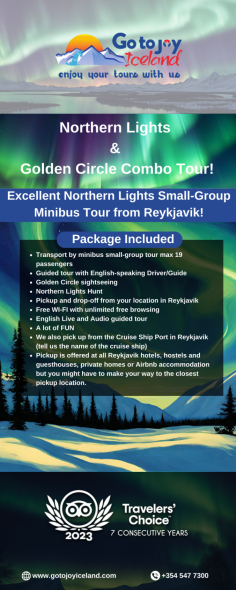 Infographic:- Excellent Northern Lights Small-Group Minibus Tour from Reykjavik

For many, the possibility of seeing the Northern Lights is the reason for a visit to Iceland during the winter. The season, with its pure and crisp air, offers some of the best conditions for seeing stars and frequent sightings of the Northern Lights. You can see the Northern Lights in most places far north, close to the North Pole, but Iceland’s clear skies and beautiful scenery make for the best possible backdrop.

Know more: https://www.gotojoyiceland.com/northern-lights-small-group-tour-from-reykjavik/