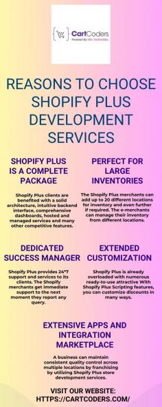 Looking to understand the benefits of the best Shopify Plus store development company? This insightful infographic outlines the key reasons to choose the Shopify Plus development company. Elevate your eCommerce business and hire a top Shopify Plus store development company.
- Shopify Plus is a Complete Package
- Perfect for Large inventories
- Dedicated Success Manager
- Extended Customization
- Extensive apps and Integration Marketplace
To get more detailed information, get in touch with CartCoders and schedule a call with our tech expert today!