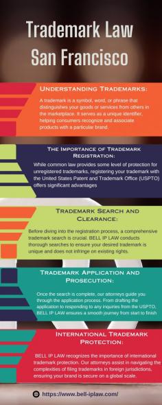 Bell IP Law is a leading legal firm specializing in trademark law in San Francisco, offering expert counsel to businesses navigating the complex landscape of intellectual property protection. With a team of seasoned attorneys, Bell IP Law is committed to safeguarding your brand identity through comprehensive trademark strategies. Whether you're a startup or an established company, their legal experts provide tailored solutions to register, protect, and enforce your trademarks effectively.

The firm's deep understanding of San Francisco's business environment positions them as trusted advisors for local and international clients. Bell IP Law excels in handling trademark disputes, oppositions, and infringement cases, ensuring that your intellectual property rights are vigorously defended. Clients benefit from the firm's proactive approach, staying ahead of industry trends and legal developments. Entrust your trademark matters to Bell IP Law for unmatched legal expertise, strategic guidance, and a steadfast commitment to securing your brand's success in the dynamic San Francisco market.

VIsit: https://www.bell-iplaw.com/
