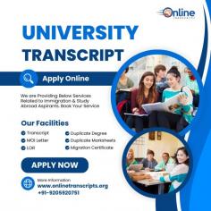 Online Transcript is a Team of Professionals who helps Students for applying their Transcripts, Duplicate Marksheets, Duplicate Degree Certificate ( Incase of lost or damaged) directly from their Universities, Boards or Colleges on their behalf. Online Transcript is focusing on the issuance of Academic Transcripts and making sure that the same gets delivered safely & quickly to the applicant or at desired location.  https://onlinetranscripts.org/