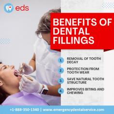 Benefits Of Dental Fillings | Emergency Dental Service

Dental fillings provide various advantages, including tooth decay treatment, tooth wear protection, natural tooth structure preservation, and enhanced biting and chewing functions. These fillings help in the maintenance of oral health and the restoration of dental functionality. Schedule an appointment at 1-888-350-1340.