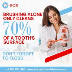 Brushing Alone Cleans 70% | Emergency Dental Service

Brushing alone can effectively clean around 70% of a tooth's surface, but the remaining 30% must not be overlooked.  Remember to add flossing to your dental routine to guarantee complete oral hygiene. Flossing cleans the space between teeth that brushing cannot reach and enhances your overall dental health. Schedule an appointment at 1-888-350-1340.
