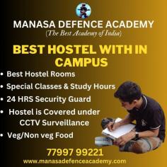 BEST HOSTEL WITHIN CAMPUS AT MANASA DEFENCE ACADEMY

Join Now :
NDA CRASH COURSE ( 6 MONTHS )
NDA ADVANCE COURSE ( 1 YEAR )

Welcome to Manasa Defence Academy, where we provide the best hostel facilities to our students. Our hostel is located within our campus, ensuring convenience and a safe environment for our students.

At Manasa Defence Academy, we understand the importance of comfortable and secure accommodation for our students. Our hostel rooms are well-maintained and offer a peaceful atmosphere for studying and relaxation. We provide spacious rooms with modern amenities such as comfortable beds, proper ventilation, and study areas.

Our hostel also ensures the safety of our students. We have strict security measures in place, including CCTV surveillance and dedicated hostel staff members who are available round-the-clock to assist the students. We prioritize the well-being and security of our students above everything else.

Call : 7799799221
www.manasadefenceacademy.com

#nda #army #navy #airforce #coastguard #ssb #ssc #besthostel #hostel #facilities #manasadefenceacademy #bestacademyofindia #trending #viral #viralpost