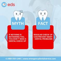 Myth Vs Fact | Emergency Dental Service

Myth: If nothing is bothering you, you don't need a dental check-up.  Fact: Regular check-ups can prevent many dental problems. Maintaining oral health requires regular dental checkups since they can spot problems early and help avoid more expensive and painful dental concerns in the future. Don't wait for symptoms to arise, make regular dental check-ups a priority. Schedule an appointment at 1-888-350-1340.