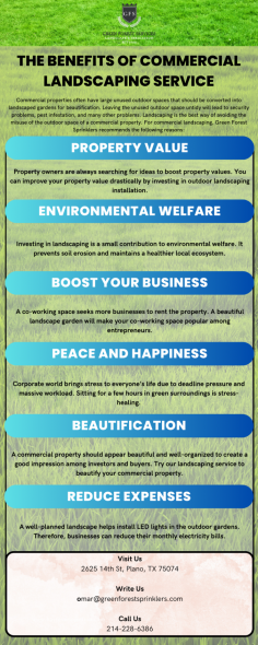 Infographic: The Benefits of Commercial Landscaping Service

Green Forest Sprinklers offers commercial landscaping services like residential landscape services in Texas. Most companies and industrial plants want to improve the aesthetic appearance of their properties. At the same time, investing in landscaping also helps develop an eco-friendly image. We are one of the leading and most trusted commercial landscape design and installation services. Besides landscape design and installation, our services include irrigation planning, design, and installation for commercial and industrial properties. 

Know more: https://greenforestsprinklers.com/commercial-landscaping-service