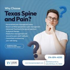 Texas Spine Clinic and Pain provides individualized, Comprehensive pain management solutions. In texas spine clinic certified team offers a range of procedures for enhanced physical and functional well-being.