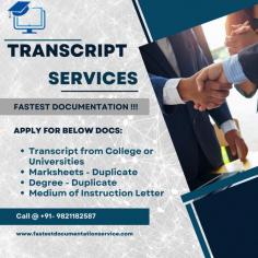 Online Transcript is a Team of Professionals who helps Students for applying their Transcripts, Duplicate Marksheets, Duplicate Degree Certificate ( Incase of lost or damaged) directly from their Universities, Boards or Colleges on their behalf. Online Transcript is focusing on the issuance of Academic Transcripts and making sure that the same gets delivered safely & quickly to the applicant or at desired location. 