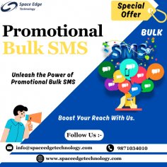 Promotional Bulk SMS Service is a versatile and effective marketing tool that empowers businesses to reach their target audience instantly.
.
For more
Web: https://spaceedgetechnology.com/bulk-sms/
Call us: 9871034010
Email: info@spaceedgetechnology.com