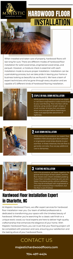 Discover the allure of impeccably installed hardwood floors. Our expert team specializes in precision and attention to detail, ensuring a flawless hardwood floor installation. Elevate your interiors with the natural beauty and warmth of hardwood – choose us for a transformative and enduring flooring solution.
For more info visit here: https://majestichardwoodfloors.com/hardwood-floor-installation/