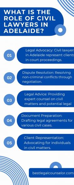 Civil lawyers in Adelaide are adept at preparing legal documents, contracts, and agreements critical to cases. Additionally, they serve as dedicated advocates, ensuring their clients' rights are protected throughout the legal process. In Adelaide, civil lawyers are essential contributors to a well-functioning legal system, upholding the principles of justice and fairness.
Visit Here - https://www.bestlegalcounselor.com/australia/civil-lawyer/adelaide
