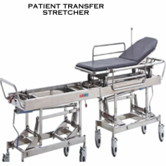  A patient transfer stretcher, also known as a patient transfer trolley or stretcher trolley, is a medical device used for safely transferring patients between different locations within a healthcare facility. Four castor wheels for easy movement. 