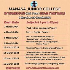 According to the AP Intermediate ( 1 year ) exam schedule , the examinations are scheduled to commence on the 1st of March and conclude on the 15th of March 2024. The board exams will commence with Paper 1 and the second language, followed by Paper I on geography and Paper I on modern language.

Call : 7799799221
www.manasajuniorcollege.com