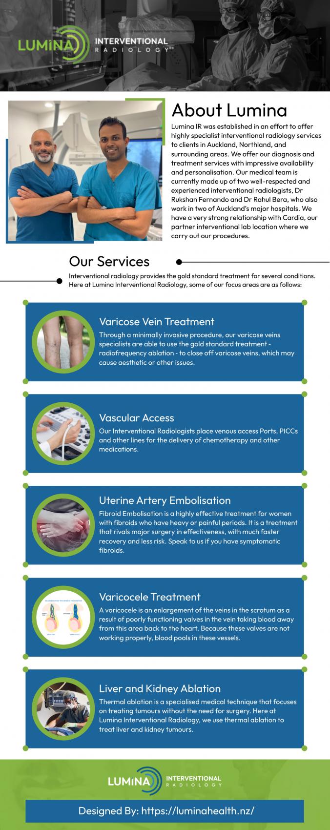 Lumina provides Varicose vein treatments and other interventional radiology treatments. We are experts at providing minimally invasive treatments for a number of health conditions and play a vital role in public hospitals with the management of emergency presentations as well as in elective cases. At Lumina we provide private medical services with the highest quality and convenience. Varicose vein treatments are provided as per worldwide gold standard. We assess patients clinical situation, perform ultrasound imaging and consult with the patient to decide on best treatment strategy. Following on from this, we provide highly effective treatment and then follow up to ensure that patients have gotten the best possible result.