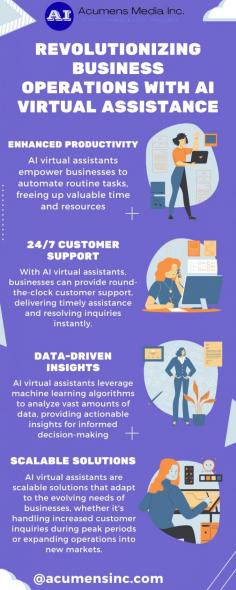 Acumens Media Inc.'s business operations with AI virtual assistants. AI virtual helps transform businesses, from increasing efficiency and providing round-the-clock customer care to offering data-driven insights and scalable solutions. Agility, efficiency, and growth are achievable for businesses through streamlined procedures and individualized experiences. To know more visit :https://acumensinc.com/Erp-Crm-It-Chatbots.htm
