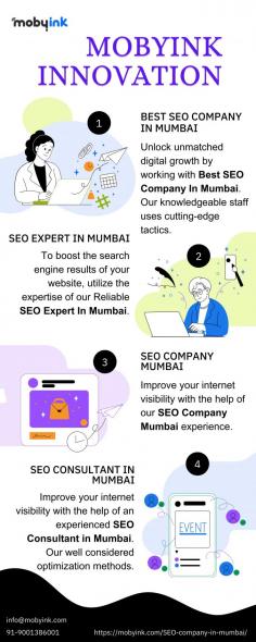 Improve your internet visibility with the help of an experienced SEO consultant in Mumbai. Our well considered optimization methods and customized plans will help your website rise in the search engine results, increasing traffic and strengthening your online presence. Get in touch with our knowledgeable SEO expert right now to help your company succeed in the ever-changing internet industry.

More info
Email Id	info@mobyink.com
Phone No	91-9001386001
Website	https://mobyink.com/SEO-company-in-mumbai/